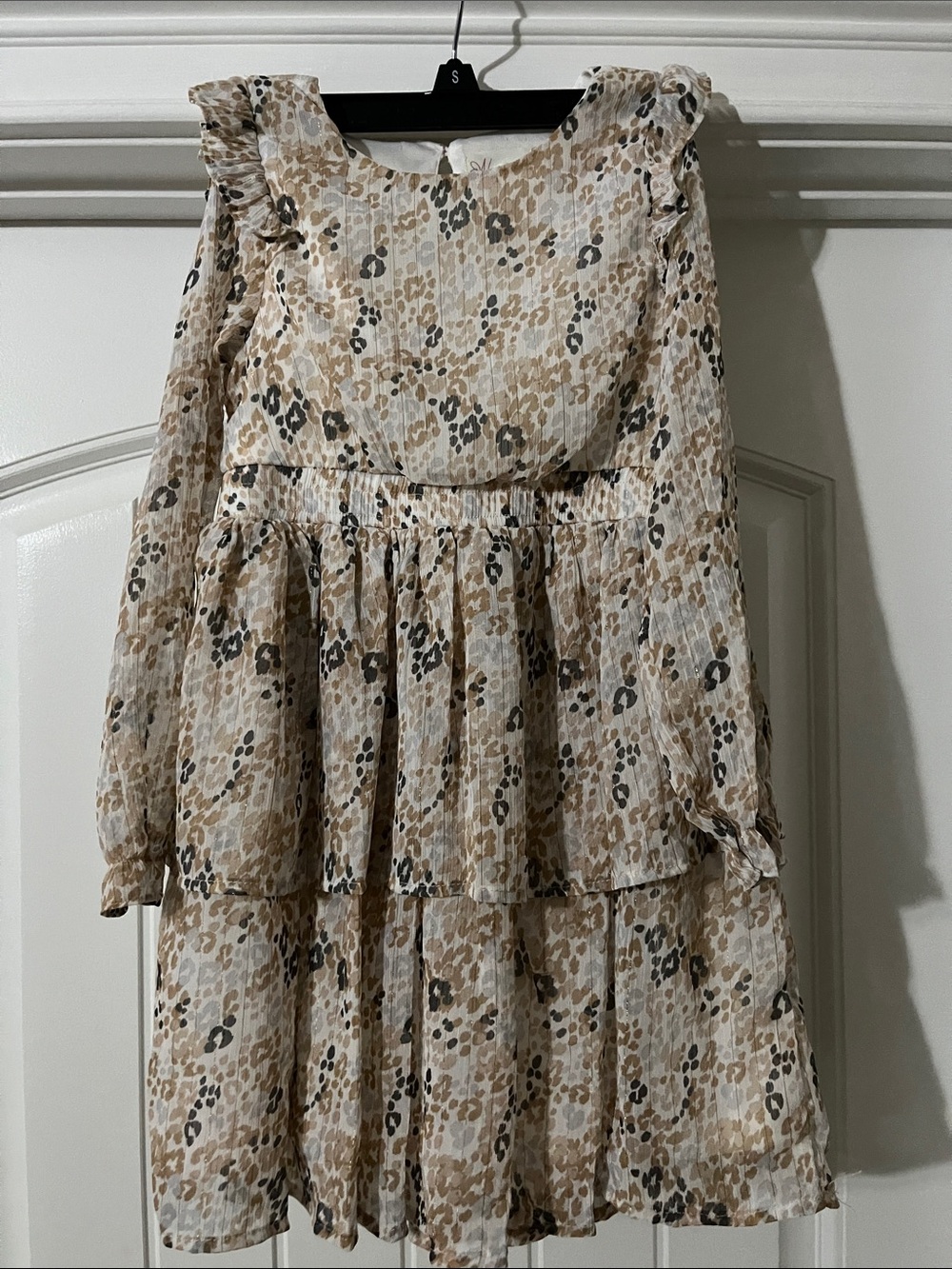 Nannette Beige and Black Printed Tiered Long-Sleeve Girls Dress
